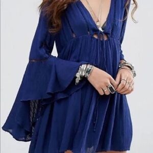 Free People Deep Blue V-Neck Bell Sleeve Mini Dress